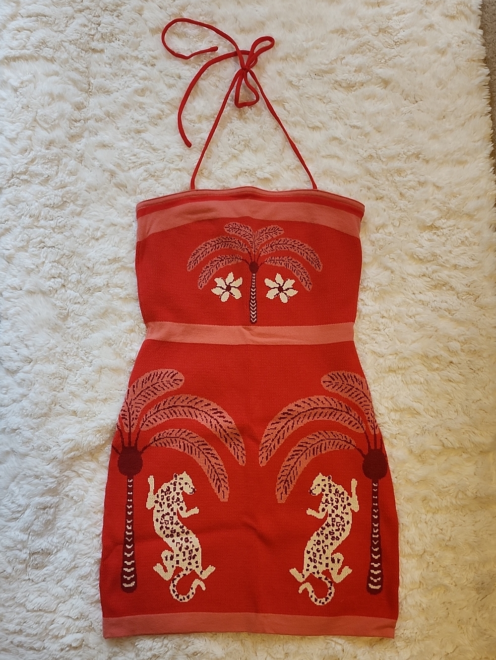 Red Halter Palm & Leopard Knit Dress